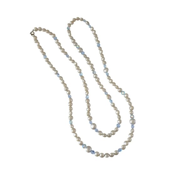 Glass Imitation Pearl Necklace Blue Crystal Beads 51 Inches Vintage Mom Gift - Picture 1 of 4